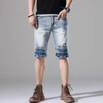 Men's Solid Color Casual Denim Shorts - Board Shorts for Beach