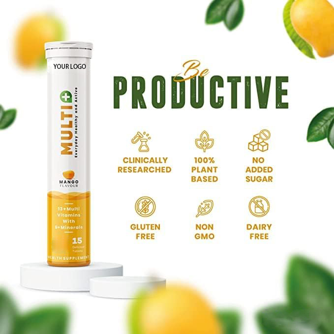 OEM/ODM Vegan Low Sugar Mango Flavor Vitamin Tablet Energy Multivitamin Effervescent Tablet Immune System Booster