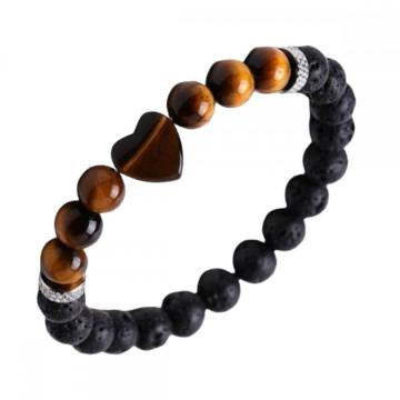 Natural Black Lava Stone Heart with 8MM Round Gemstone Stretch Elastic Bracelet for Men Women Crystal Round Beads Bracelet