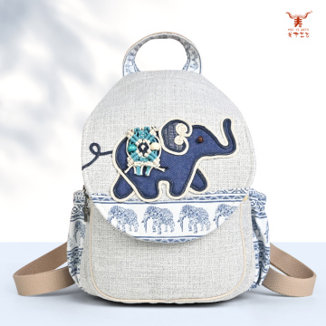 Mochila de lino y algodón con elefante tejido étnico para viajes informales