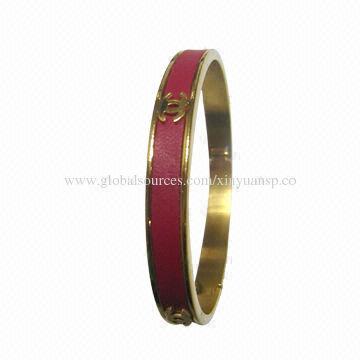 Golden Stainless Steel Bangle with Leather, Nickel- and Lead-free