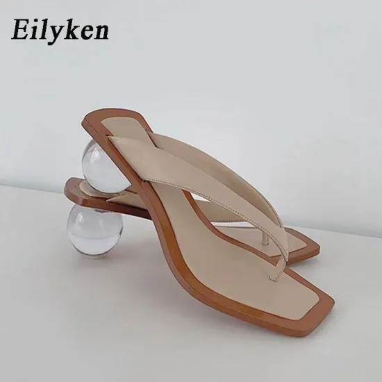 Eilyken Summer Flip Flops Slippers Clear Transparent Med Heel Slides Fashion Round Ball Heel Slipper Sandals For Shoes Women