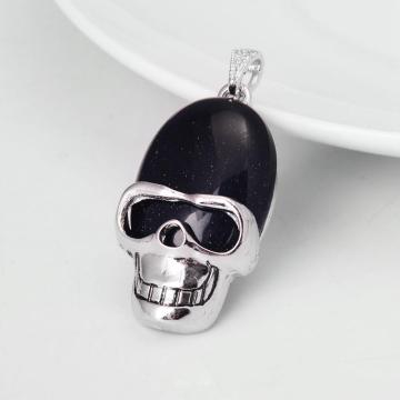 Blue Goldstone Semi Precious stone Skull Alloy Pendant