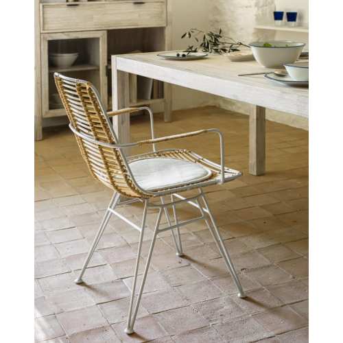 Modern Rattan and White Metal Armchair Indoor Outdoor