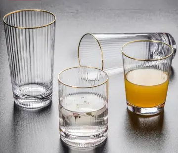 glass cup ribbed glasses set with gold rim