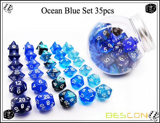 Bescon RPG Dice Set 35pcs Ocean Blue Set DND Role Playing Game Dice 5X7pcs 