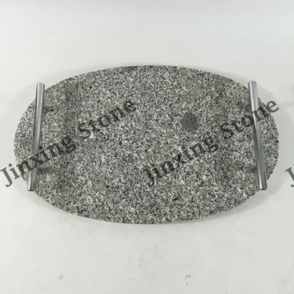Oval Shape Granite Cheese Cake Serving Board Plates with S/S Handles