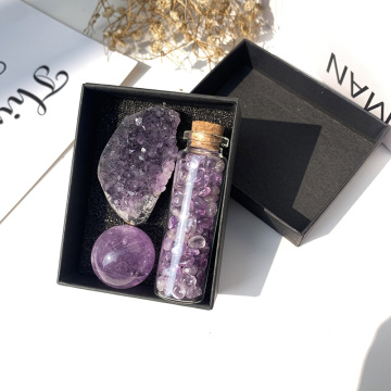 Natural Gemstone Box Set: Amethyst Cluster Crystal Chip Wishing Bottle Healing Crystals Kit