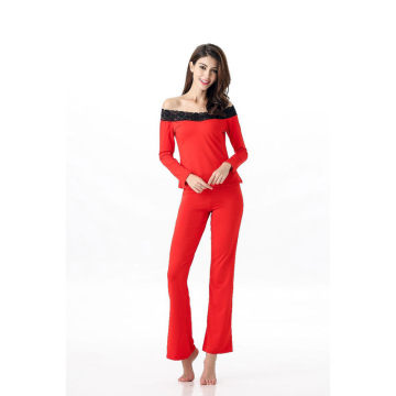 Women Spring Red Solid Long Sleeve Slash Neck Quality of Milk Rayon Full Length Pajamas for Adult