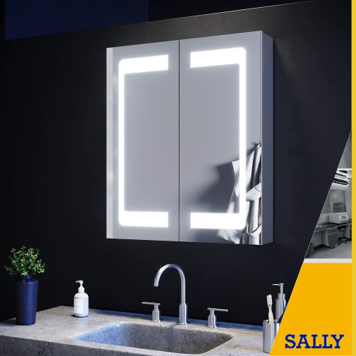 SALLY Armario con espejo de almacenamiento LED para baño con puerta doble