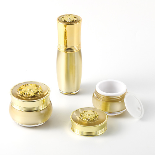 Plano de alta qualidade 15ml 30ml 50ml de revestimento UV de plástico com garrafas cosméticas de ouro acrílico e conjunto de jarra para cuidados com a pele