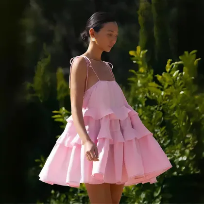 Chic Ladies Solid Layered Ruffles Sling Dress -Sexy Backless Sleeveless Mini Dress