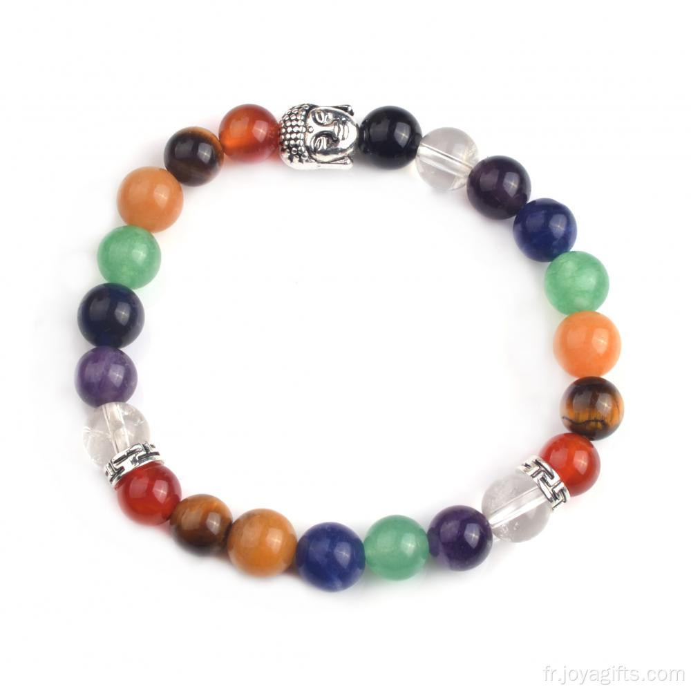 7 chakra 8MM pierres Bracelet argenté tête de Bouddha Bracelets bijoux