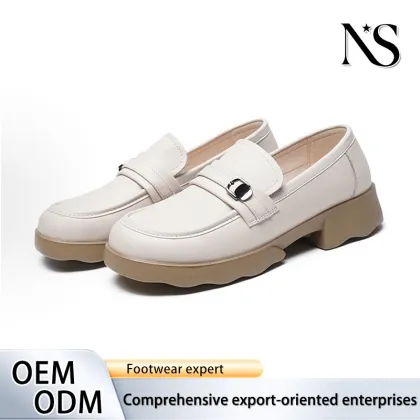 Cream Leather Buckle Chunky Sole Women`s Loafers