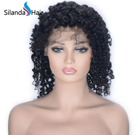 #1B Natural Color Curly Brazilian Remy Human Hair Lace Front Wigs 10 Inch