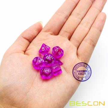 Bescon Mini Translucide Polyédrique RPG Dice Set 10MM, Petit jeu de rôle RPG Dice Set D4-D20 en Tube, Violet Transparent