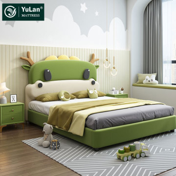 Modern Luxury Leather Cartoon Bed with Solid Wood Frame - Cute Dragon Design