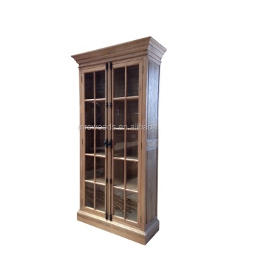 MRS WOODS: Handcrafted French-Style Antique Solid Oak Bookshelf with Glass Doors and Natural Finish