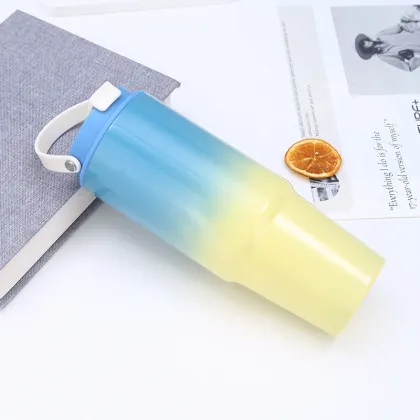 Gradient Stainless Steel Thermos Cup with Handle and Straw for Home & Travel