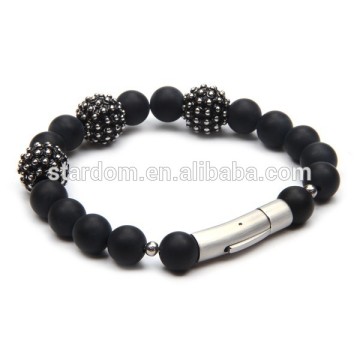 Matt Black Agate Beaded Charm Bracelet for Men's Jewelry