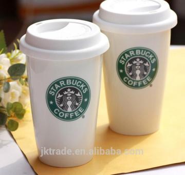Insulated ceramic double walled travel mug/starbucks mug with silicon lid