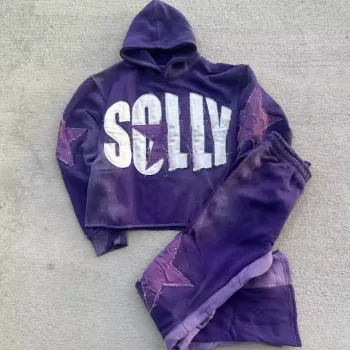 Custom Distressed Embroidery Acid Wash Flare Sweatpants & Hoodie Men's Tracksuit Set