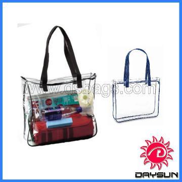 Crystal Clear PVC Zipper Tote Bag with Blue/Black Handles and Trim