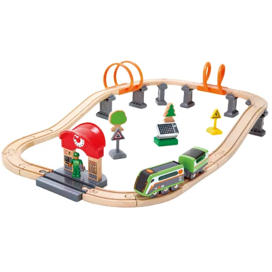 High-Quality Wooden DIY Puzzle Railway Track Toy with Solar-Powered Transportation