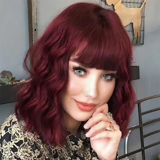 Vigorous wholesale cheap short wave burgundy color glueless synthetic hair wigs cosplay with bangs for black white women  hair