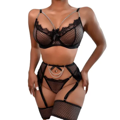 Black Fishnet Chain Lingerie Set with Garters