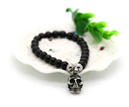 Gothic bracelet skull pendant with black agate stone