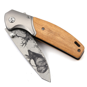 Wooden handle 3D Patterned Blade Outdoor Military Knife