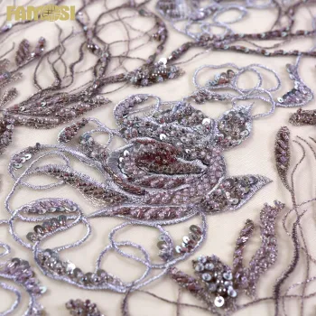 Gorgeous Floral Handmade Beads Sequin Embroidered Fabric for Women's Party Gowns and Evening Dresses