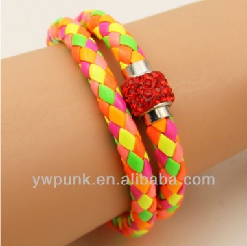 Supply DIY inlaid rhinestones polymer clay magnetic clasps double turns golden PU leather bracelets women jewelry