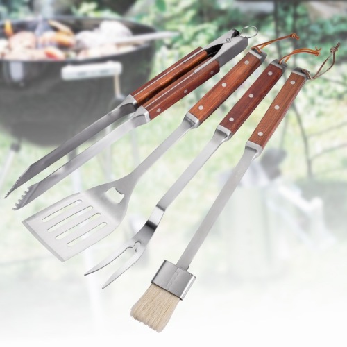 Set di 4 strumenti per barbecue in acciaio inox con manico in legno