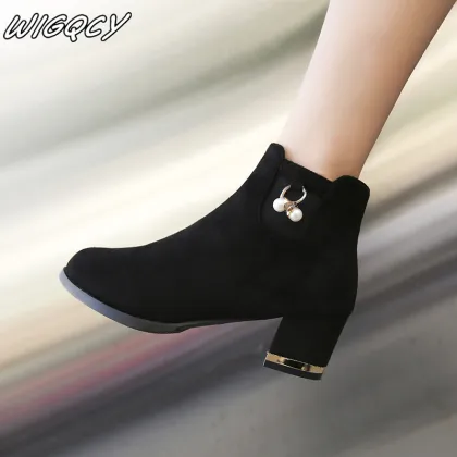Plus velvet booties female 2020 winter new suede single boots highheeled bare boots Pointed fashion boots matte women boots tide