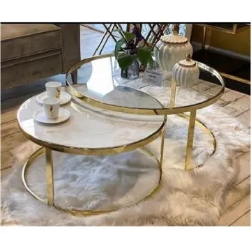 Modern Glass and Marble Top Coffee Table with Golden Steel Legs