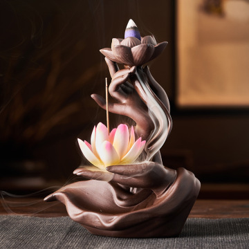 Ceramic Backflow Incense Burner: Zen Buddha Hand Lotus Cascade Agarwood Accessory