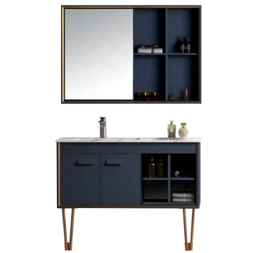 Dark Blue Modern Free-Standing Bathroom Vanity with Drawers and Mirror