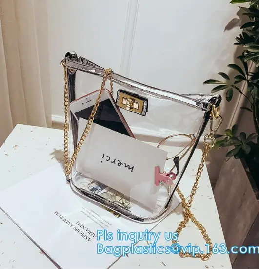 Transparent conference eco shopping bag, shopping pvc bag with custom print, shopping square bottom portable clear PVC plastic t