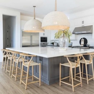 Modern Stone Kitchen with Luxury Wooden Dining Bar and Marble Island