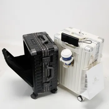 Premium Unisex Aluminum Frame Suitcase Set: Complete Travel Companion with TSA Lock, PC Trolley, Phone Holder, USB Charge Port, Cup Holder & Multiple Compartment Pockets