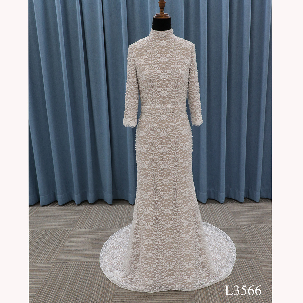 High Neck Long Sleeve Backless Full Lace Flower Denmark Wedding Dress Bridal Gown