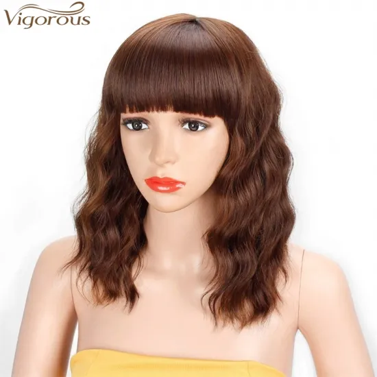 Vigorous 14 inches Synthetic Short Wigs for Black Women Mixed Brown and Blonde Wavy Wave Wig with Bangs High Temperature Hair