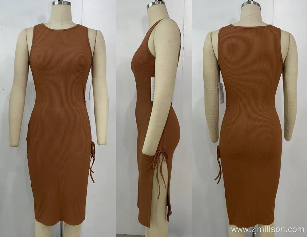 Women Knitting Brown Sleeveless side slit Dress