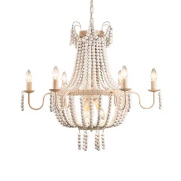 Wood Beaded Chandelier with 6 Lights and Crystals