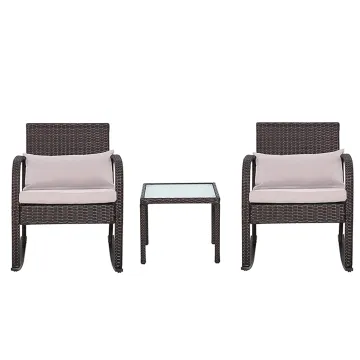 Tempered Glass Side Table & Rattan Rocking Chair Set - 3 Piece Bistro Patio Garden Furniture with Cushions