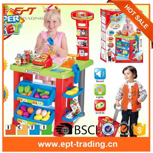 Educational sale toys supermarket set market stall cart real action with sound and light