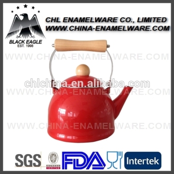 Red color enamel coffee kettle with wooden handle