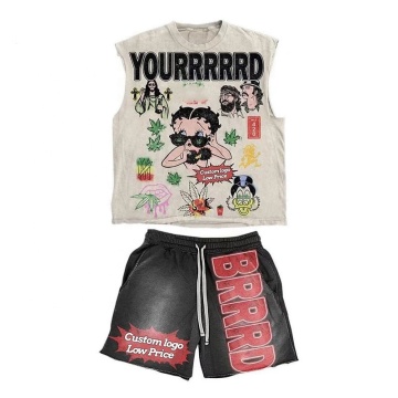 Custom Logo Acid Wash & Sun Faded Shorts Set: Summer Jogger Gym Tracksuit for Men
